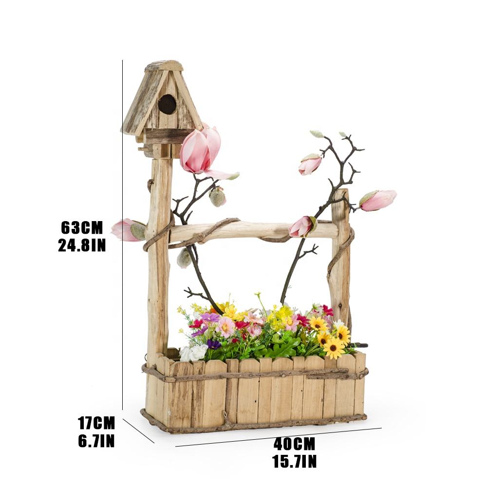 Natural Wood Planter with Bird House