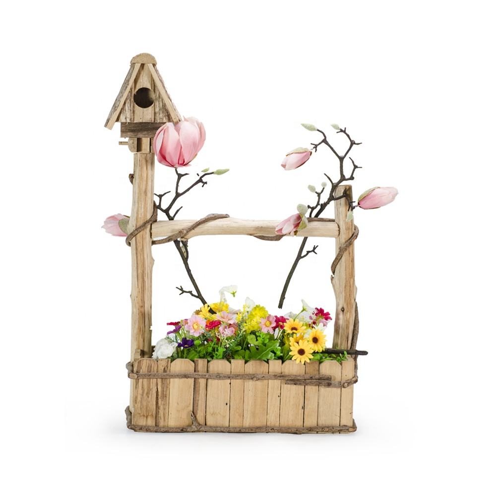 Natural Wood Planter with Bird House